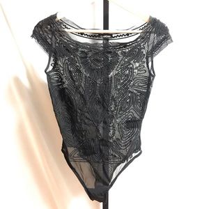 Bebe black sheer embroidered bodysuit small